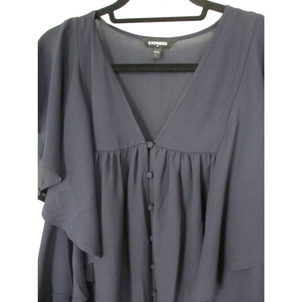 Express Button Front Sheer Sleeveless Navy Blue Blouse Womens L Ruffled - Picture 4 of 14